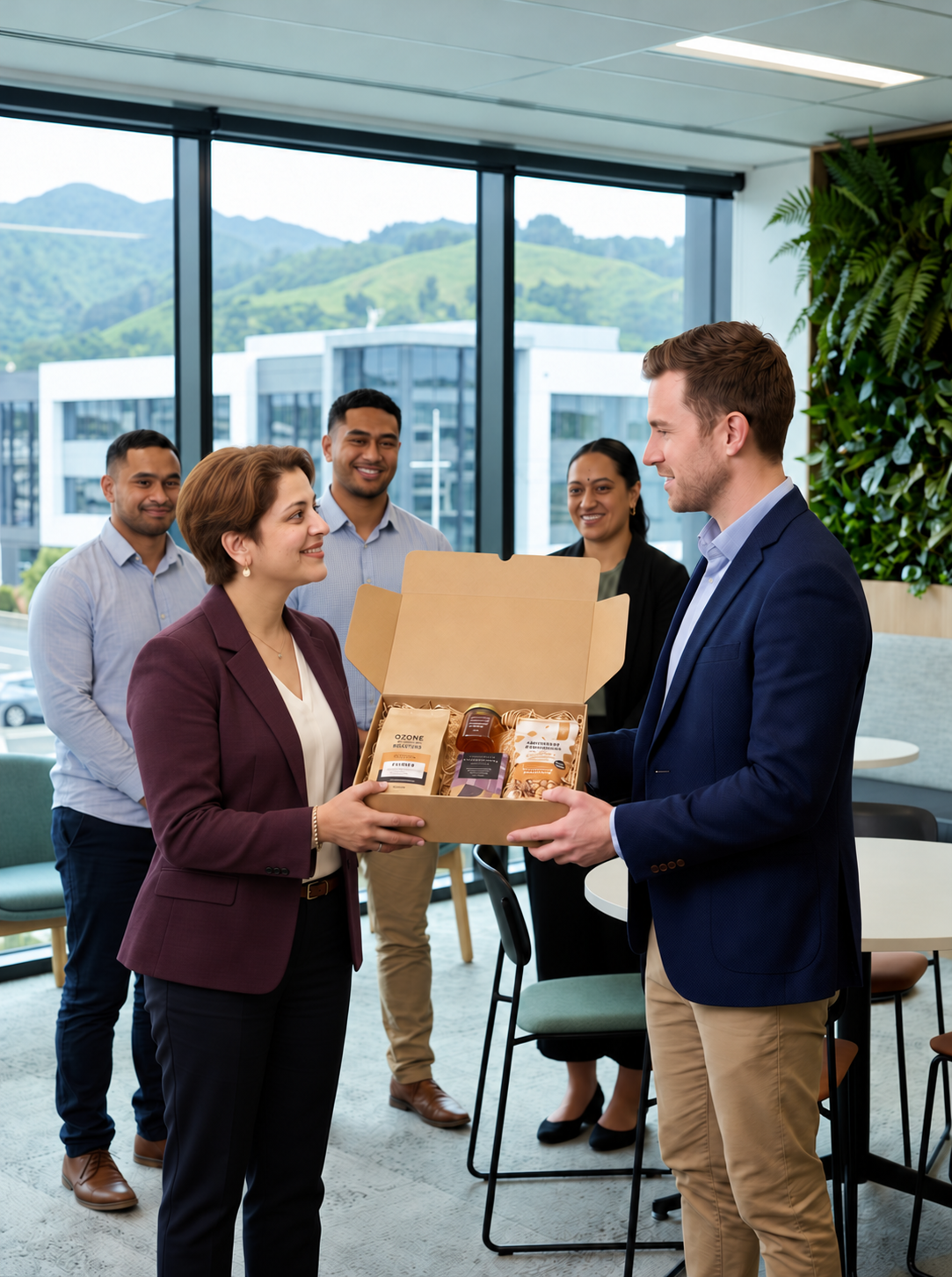 Illustrative office scene showing colleagues exchanging a corporate gift